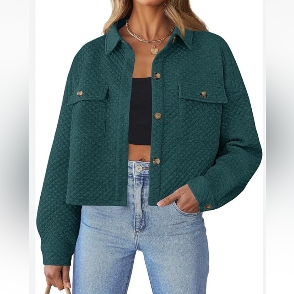NWT ZESICA Green Quilted Casual Shacket Jacket Button Down Womens Large (C)